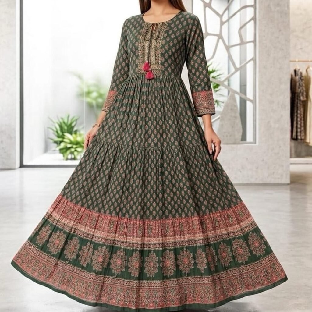 Bom sale Hijau Dress Wanita Bahan Katun Printing dengan Desain Elegan dan Nyaman