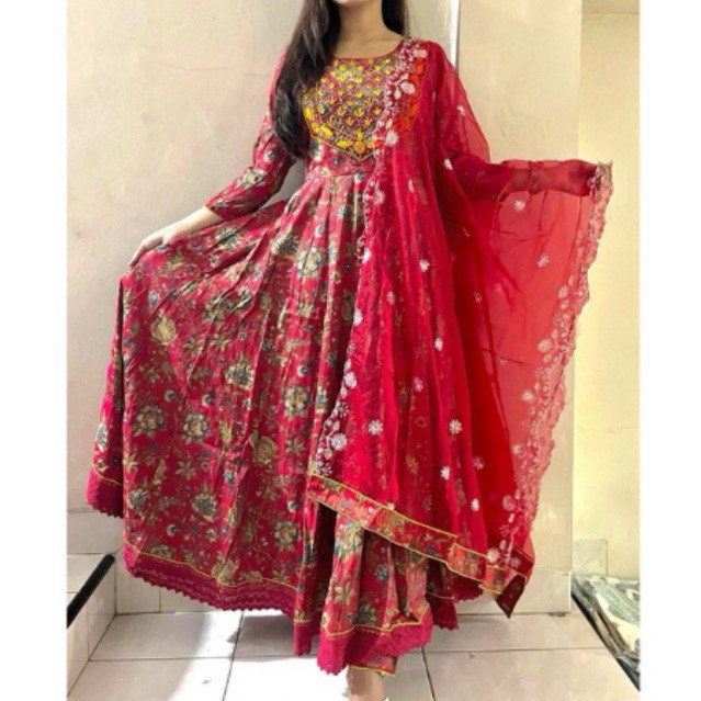 Dres wanita bahan katun sutra merah(2838)
