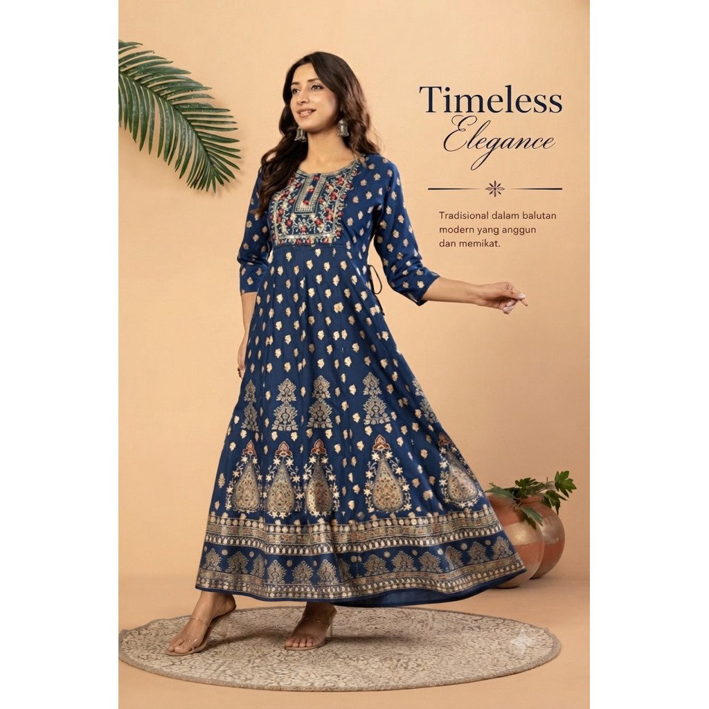 Royal Sapphire Ethnic Maxi Dress Wanita Premium Rayon | Dress India Biru Elegan | Gamis Motif Etnik | Dress Panjang Lengan 3/4