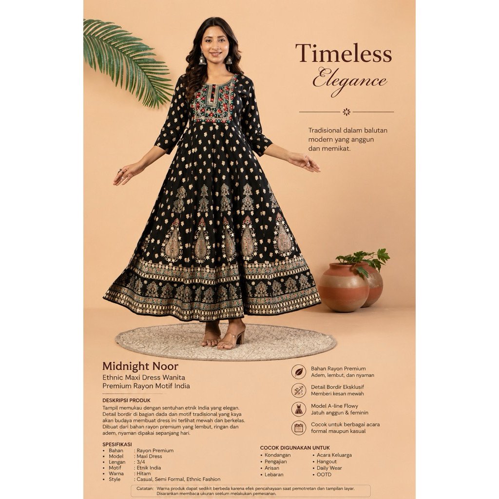 Midnight Noor Ethnic Maxi Dress Wanita Premium Rayon | Dress India Hitam Elegan | Gamis Motif Etnik | Dress Panjang Lengan 3/4