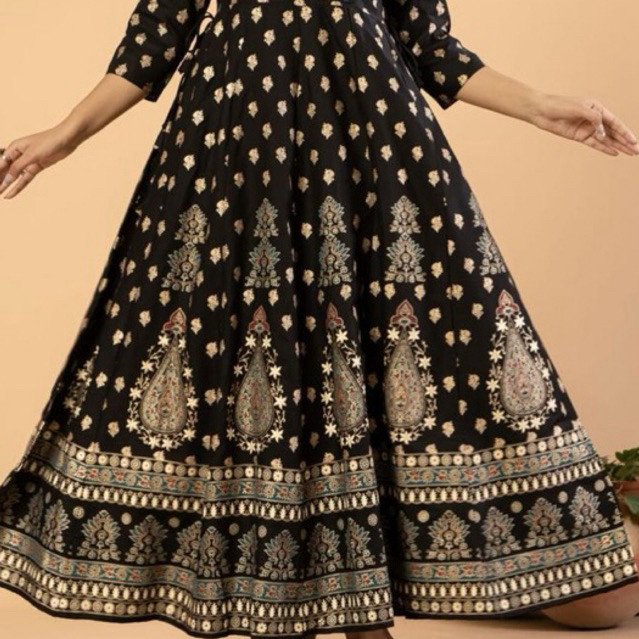 Midnight Noor Ethnic Maxi Dress Wanita Premium Rayon | Dress India Hitam Elegan | Gamis Motif Etnik | Dress Panjang Lengan 3/4 - Gambar 2
