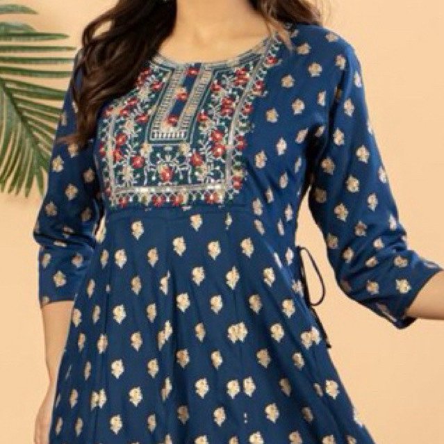 Royal Sapphire Ethnic Maxi Dress Wanita Premium Rayon | Dress India Biru Elegan | Gamis Motif Etnik | Dress Panjang Lengan 3/4 - Gambar 3