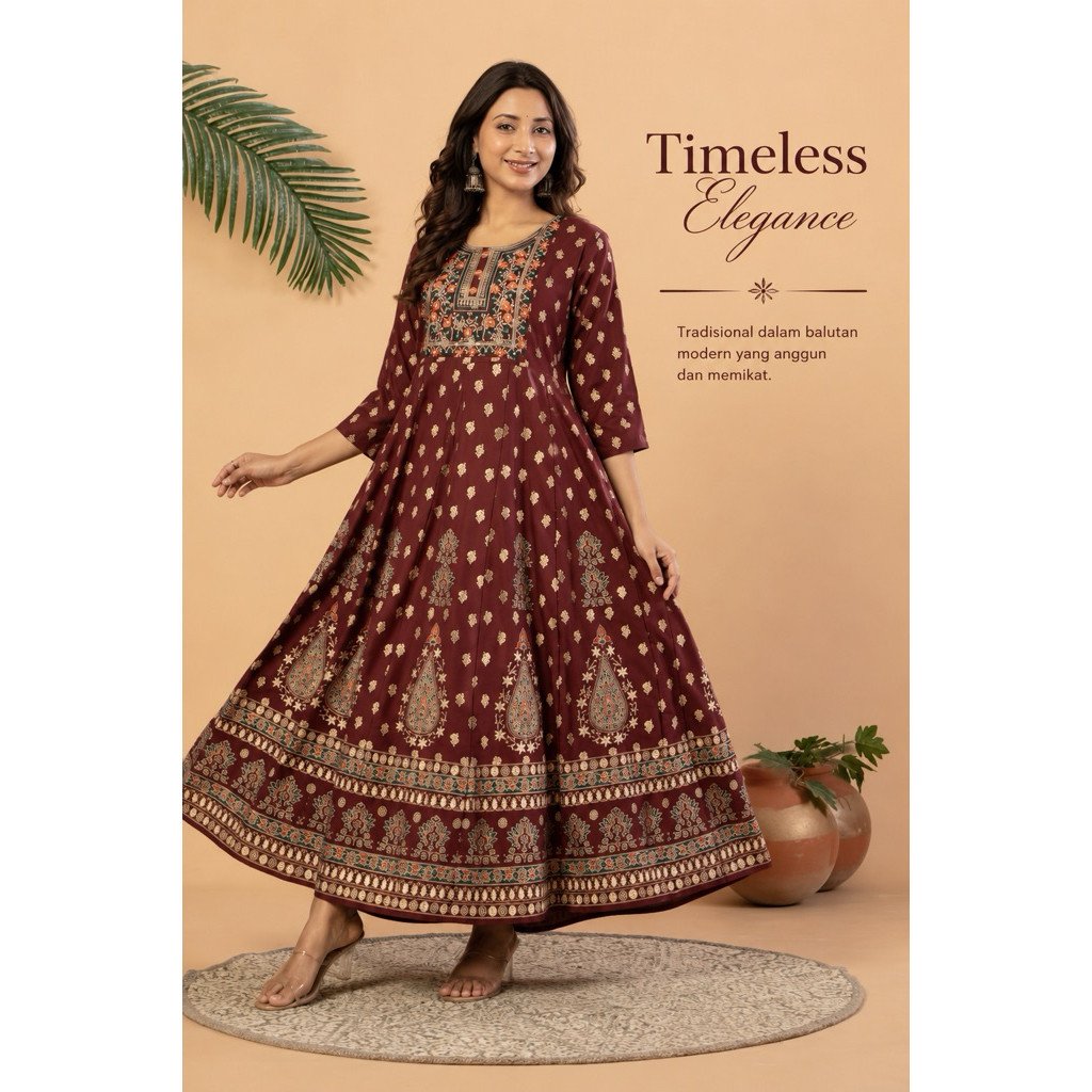 Aaradhya Ethnic Maxi Dress Wanita – Premium Rayon Motif India Elegan Lengan 3/4