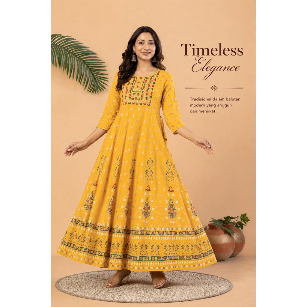 Surya Mustard Ethnic Maxi Dress Wanita Premium Rayon | Dress India Elegan | Gamis Motif Etnik | Dress Panjang Lengan 3/4