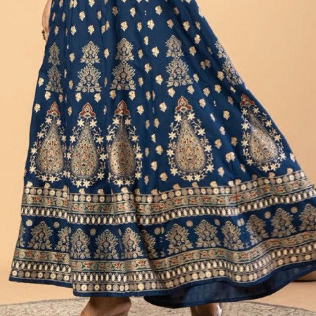 Royal Sapphire Ethnic Maxi Dress Wanita Premium Rayon | Dress India Biru Elegan | Gamis Motif Etnik | Dress Panjang Lengan 3/4 - Gambar 2
