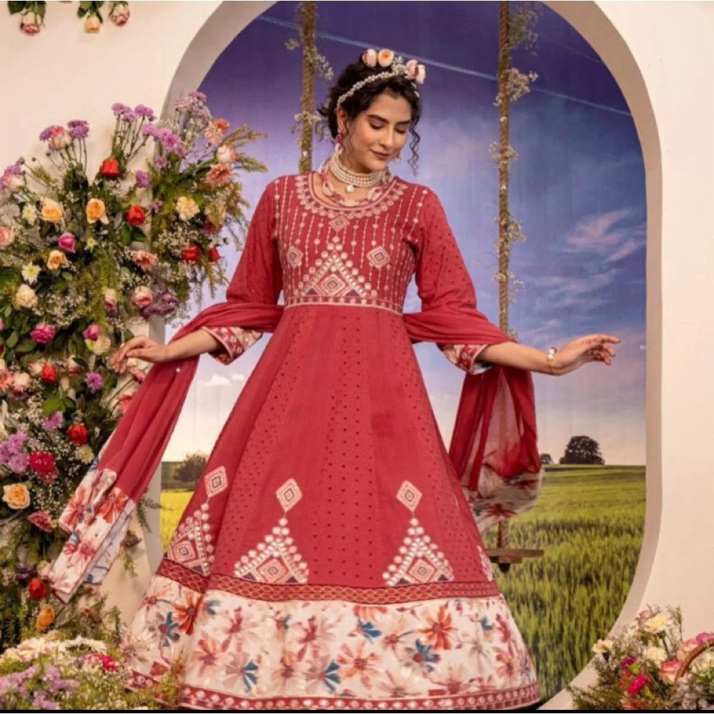Dress ori India bahan katun bordiran berfoil