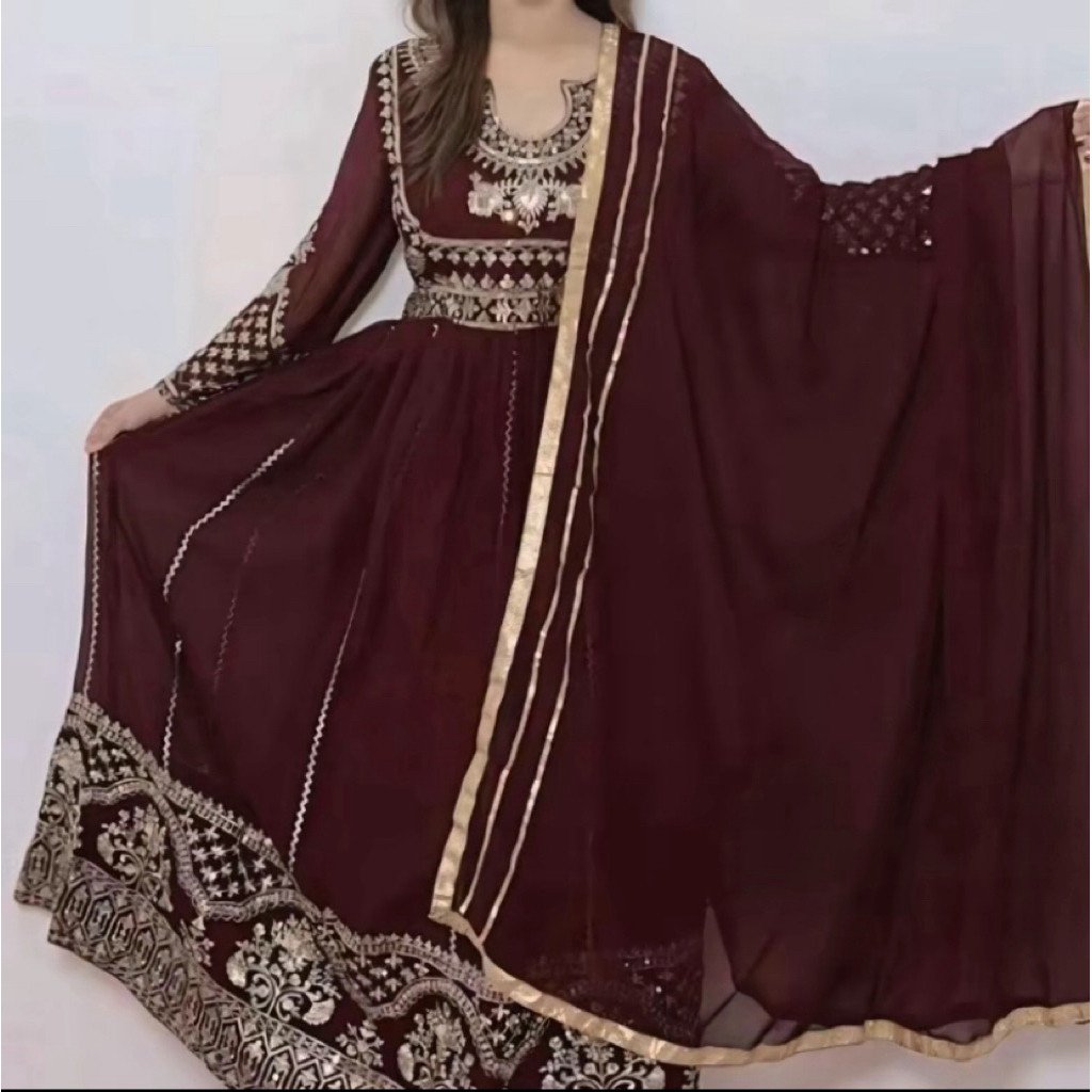 Dress wanita sifon India mahogani