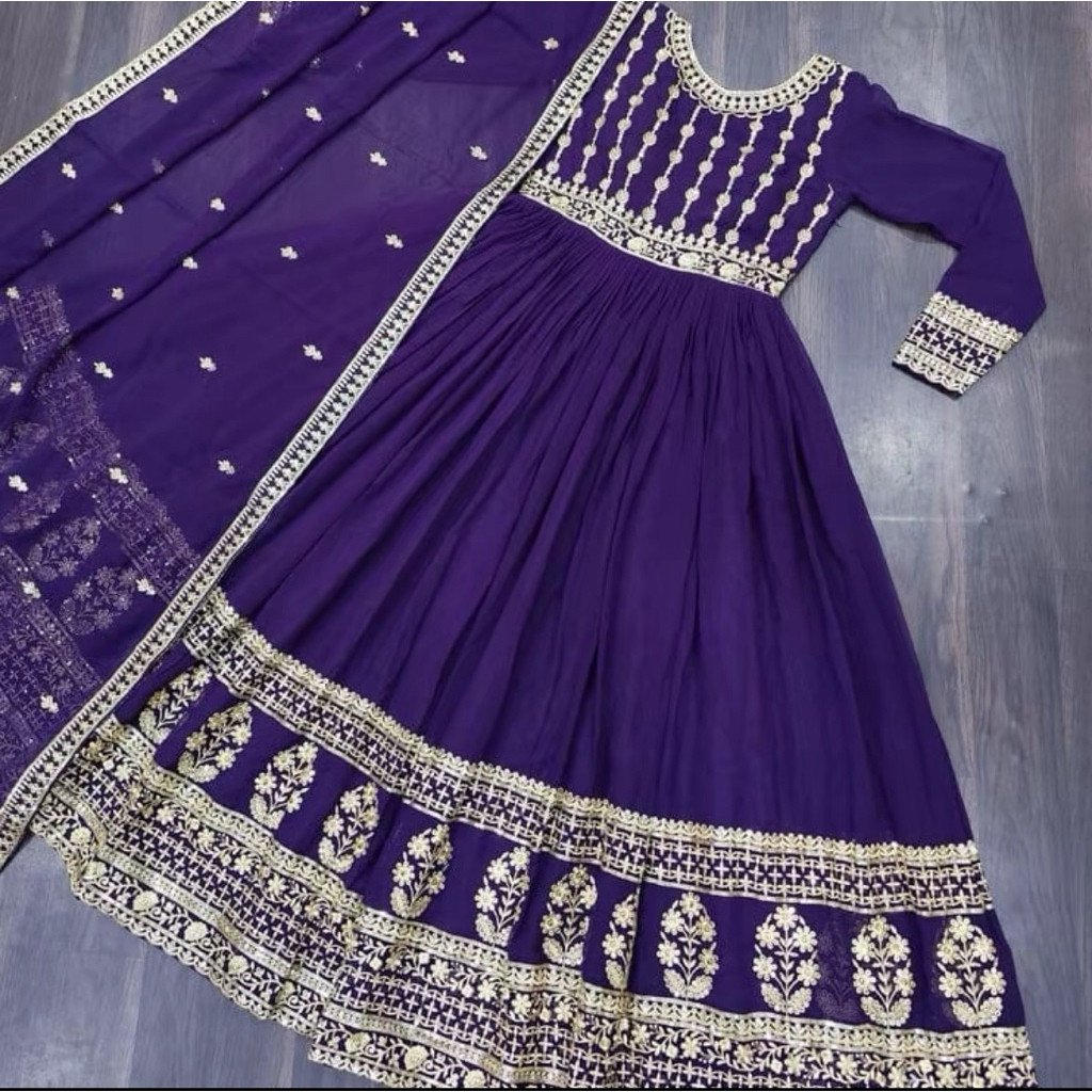 Dress Wanita asli India sifon motif bordir